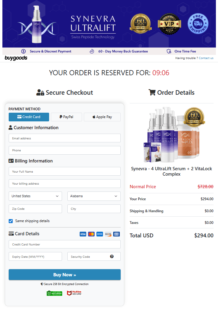 Synevra UltraLift serum order page